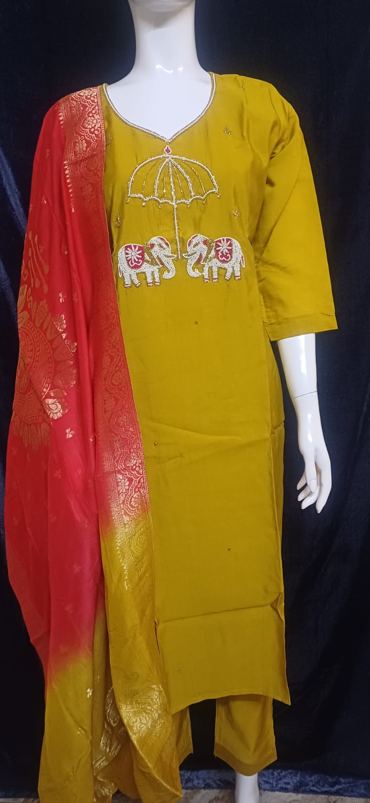 Traditional Mustard Yellow handwork Salwar Suit with Banarasi Dupatta