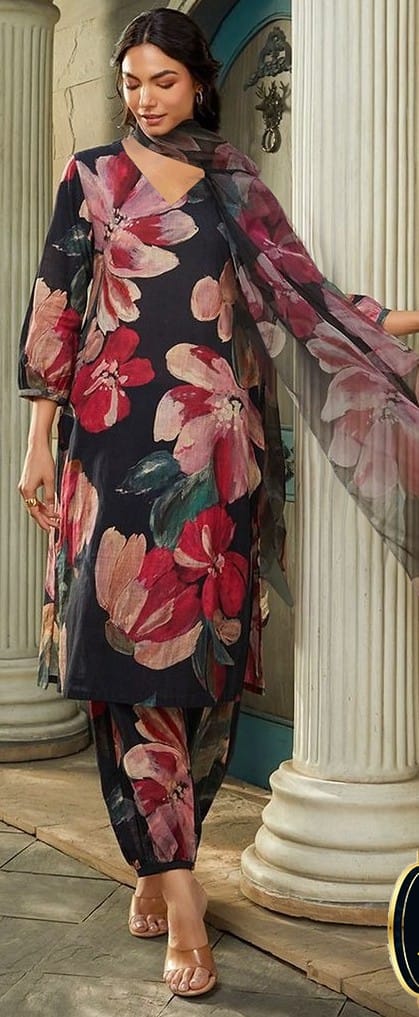 Bold Black Floral Kurti Set with Dupatta