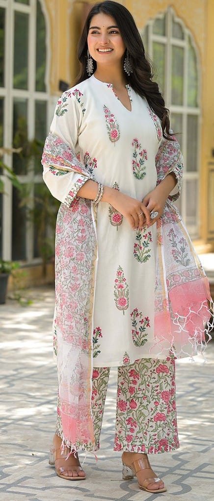 White Floral Print Kurta Set