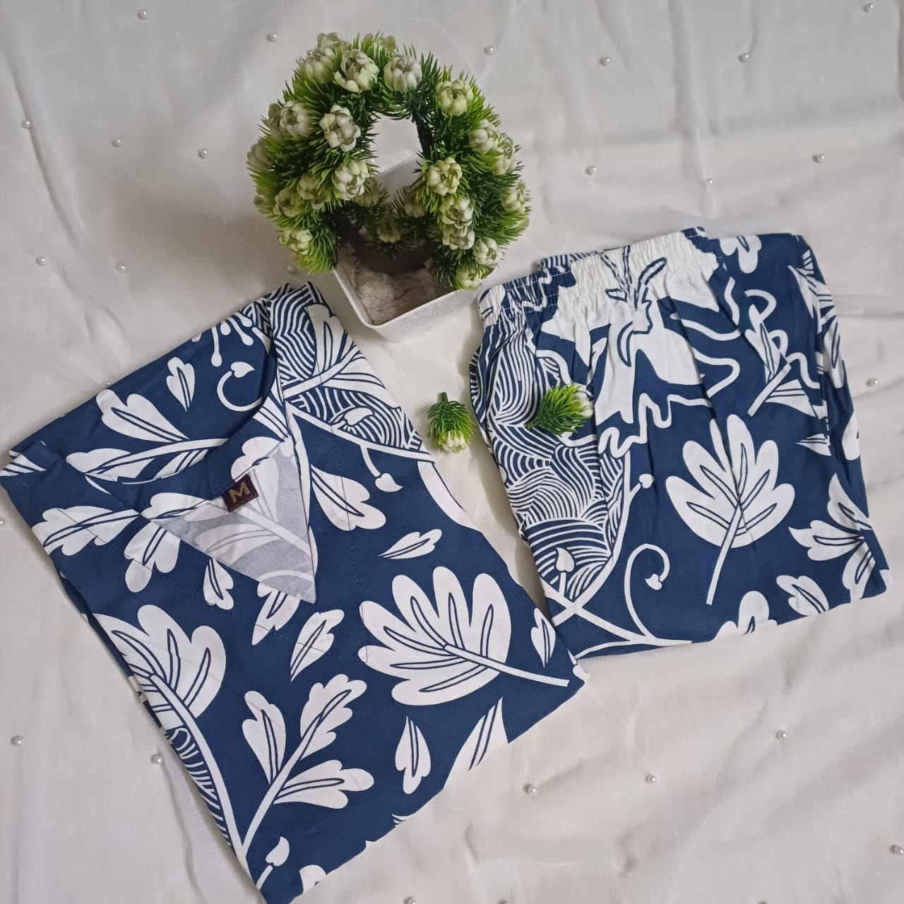Navy Blue Leaf Print Cotton Kurti Set – 2 Piece Casual Wear