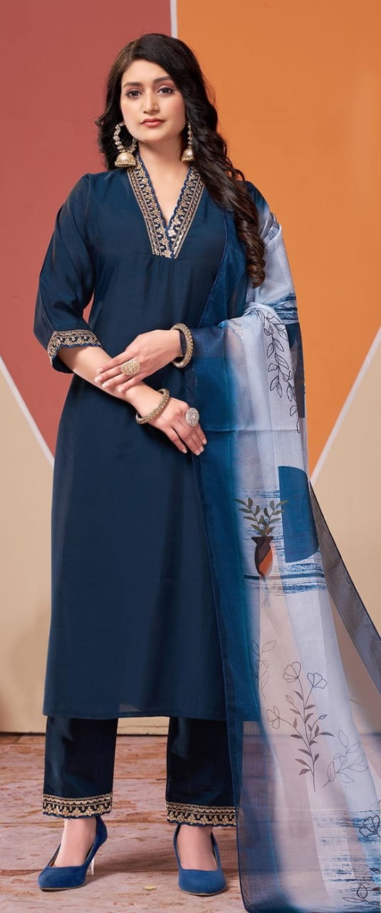 Navy Blue Embroidered Kurti Set with Printed Dupatta