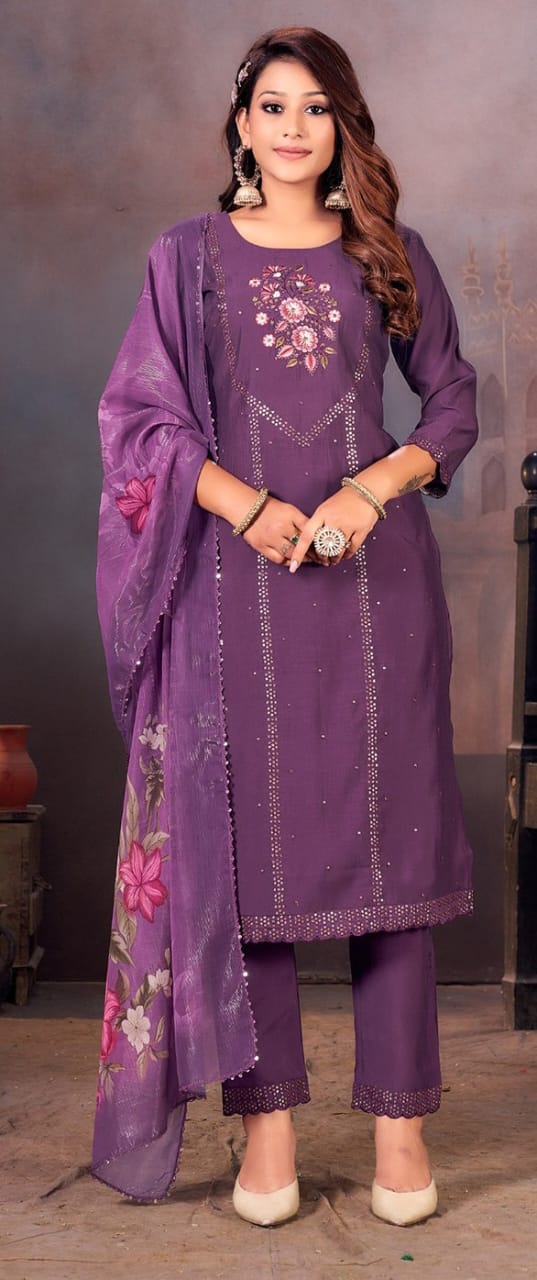 Purple Floral Embroidered Kurti Set