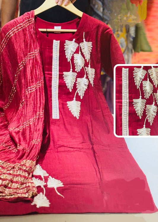 Maroon Kurta Set with White Leaf Embroidery