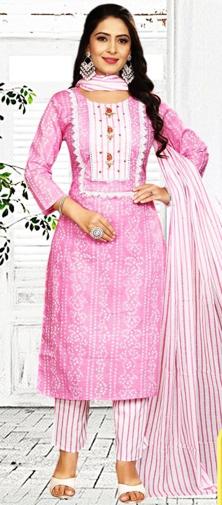 Charming Pink Cotton Printed Kurti Set with Striped Dupatta