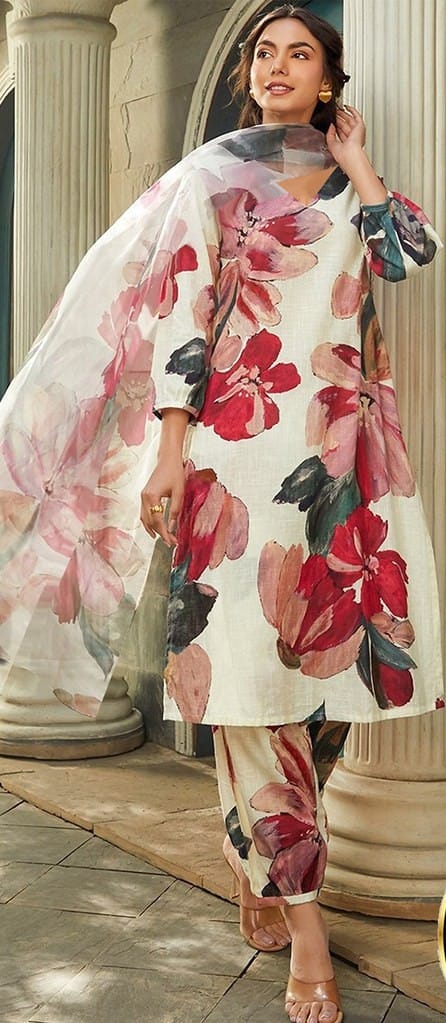 Elegant Ivory Floral Printed rayon slub Suit Set