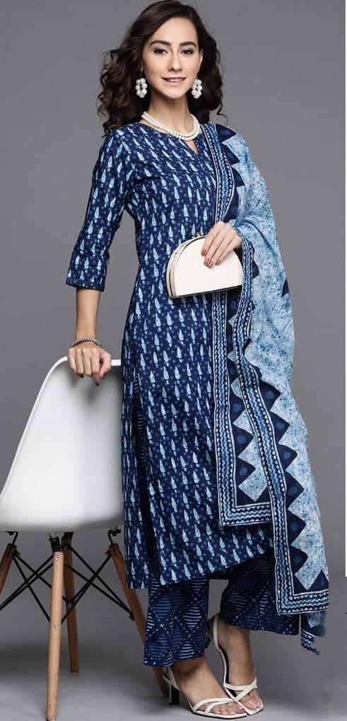 Elegant Indigo Printed Kurti Set with Dupatta