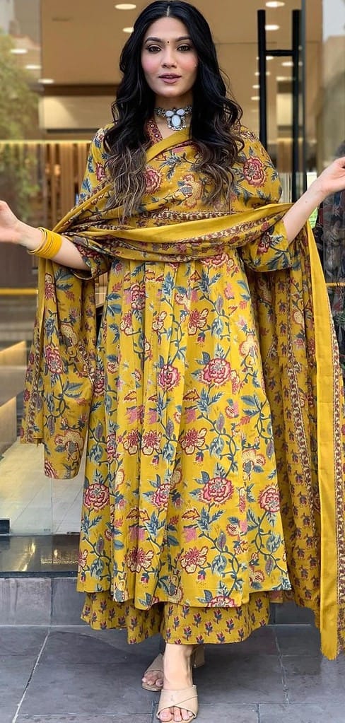 Mustard Yellow Floral Anarkali Suit