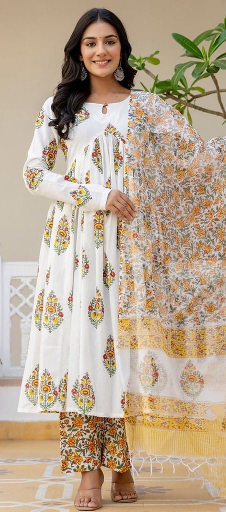 White Floral Printed Ethnic Suit Set