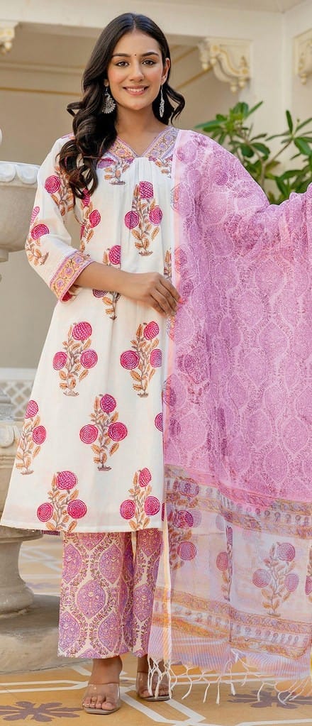 White & Pink Floral Printed Kurta Set