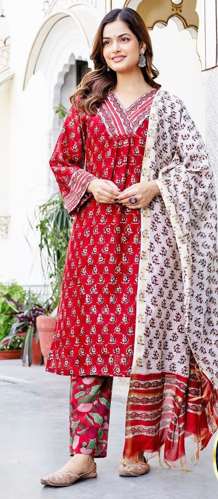 Red Printed Ethnic Kurta Set