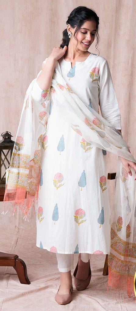White Pastel Tree Printed Kurta Set