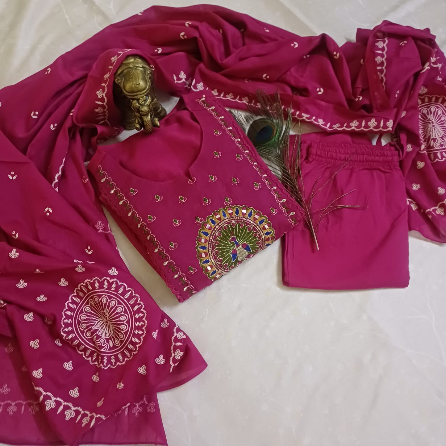 Royal Pink Embroidered Peacock Kurti Set – 3 Piece Suit